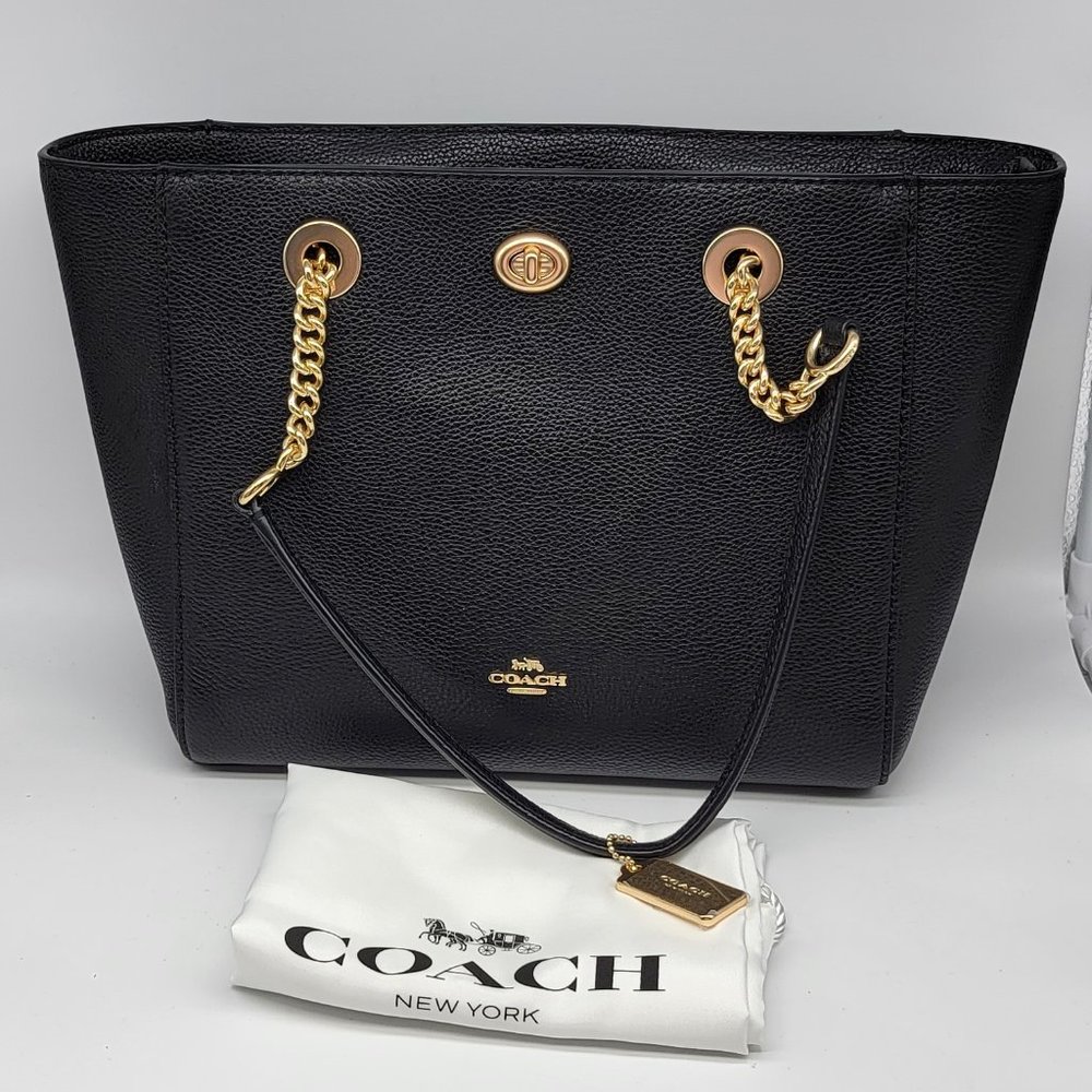 Coach Turnlock Chain Tote 27 57107 Black Leather